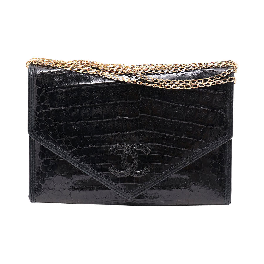 自营【古着】chanel 香奈儿 双c标志链条挎包(鳄鱼皮) 黑色 (二手)(b)