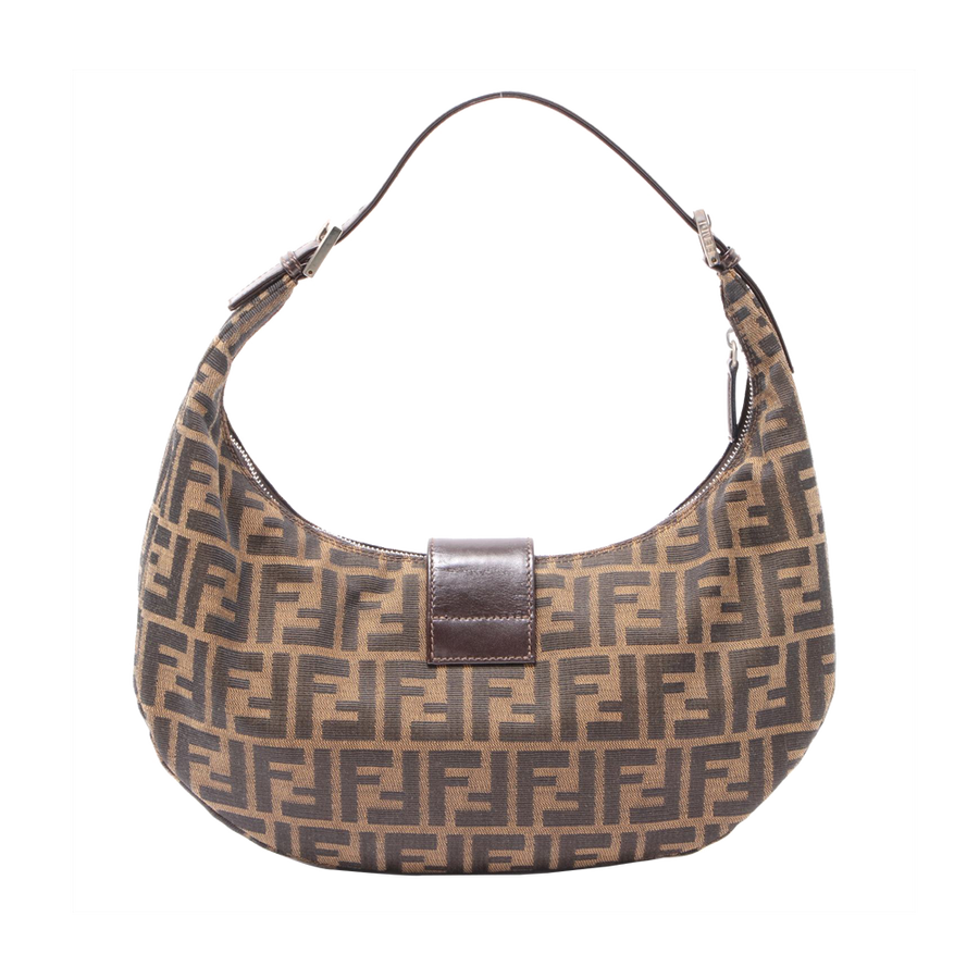 【古着】fendi 芬迪 zucca系列双f印花月牙手提包(帆布×皮革) 棕色