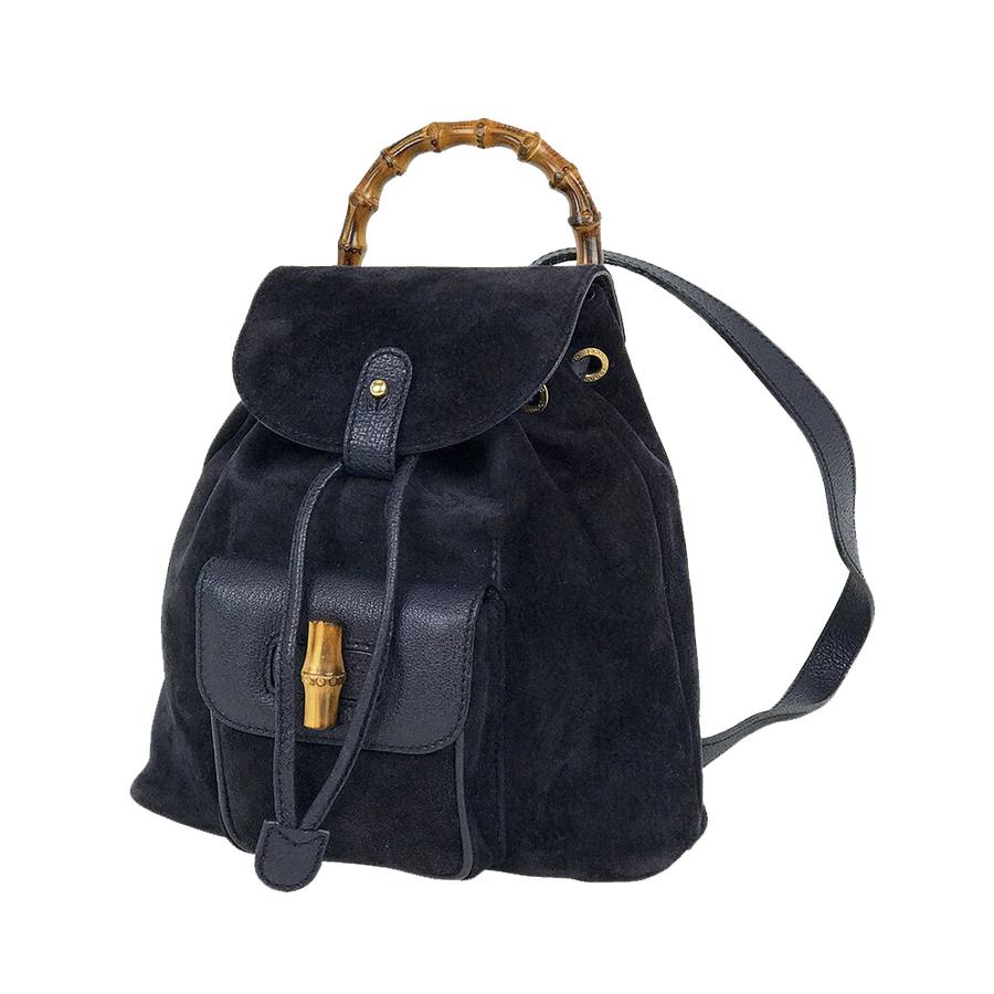 自营【古着】gucci 古驰 竹柄双肩包(麂皮,绒面革×皮革) 海军蓝